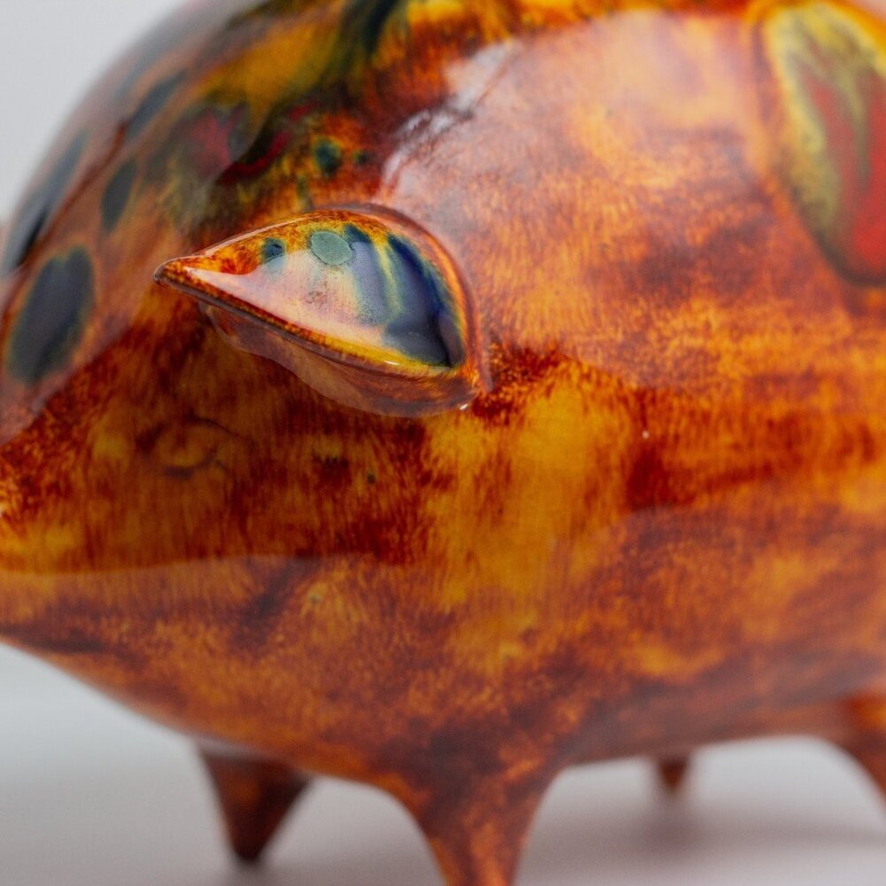 Vintage Handcrafted Ceramic Piggy Bank With Handle and Abstract Glaze Design - Picture 8 of 11